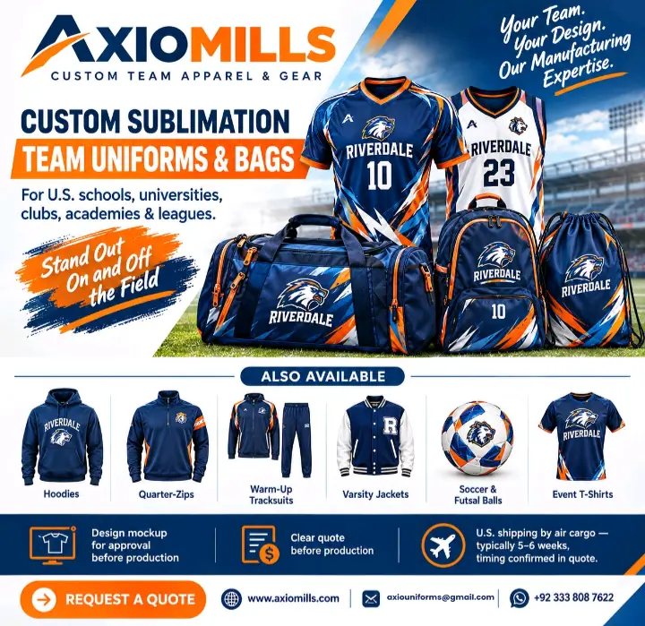 Axiomills custom sublimation team uniforms and bags for U.S. schools, universities, clubs, academies and leagues, with hoodies, quarter-zips, tracksuits, varsity jackets, soccer balls and event T-shirts also available